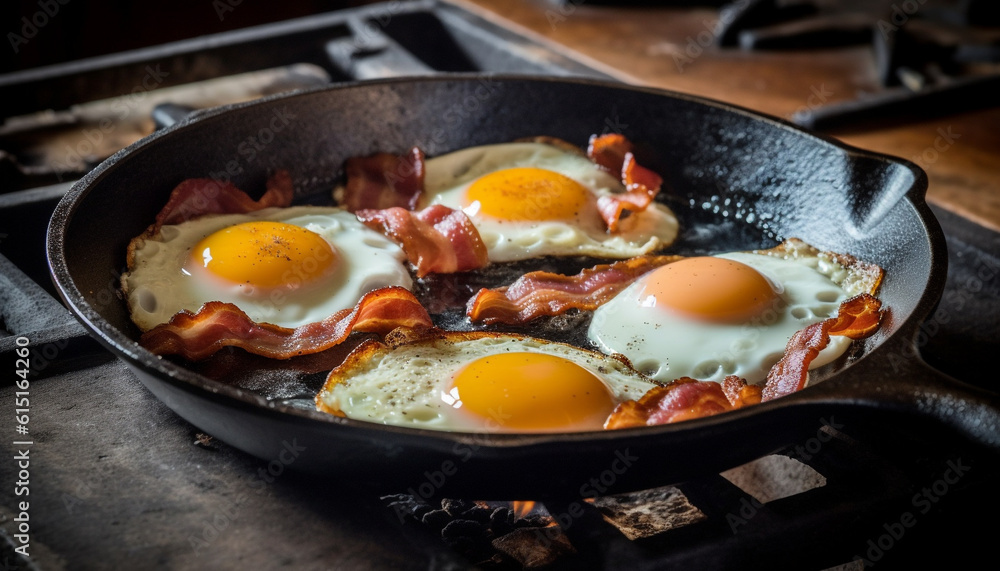 Grilled bacon and fried egg on cast iron cooking pan generated by AI Grilled bacon and fried egg on cast iron cooking pan generated by AI
