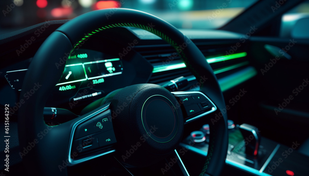 Fototapeta premium Modern car interior with illuminated control panel and GPS navigation generated by AI