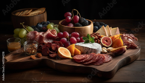 A rustic meat and cheese tray with prosciutto and Camembert generated by AI