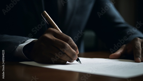 The businessman sitting at the desk signing the contract generated by AI