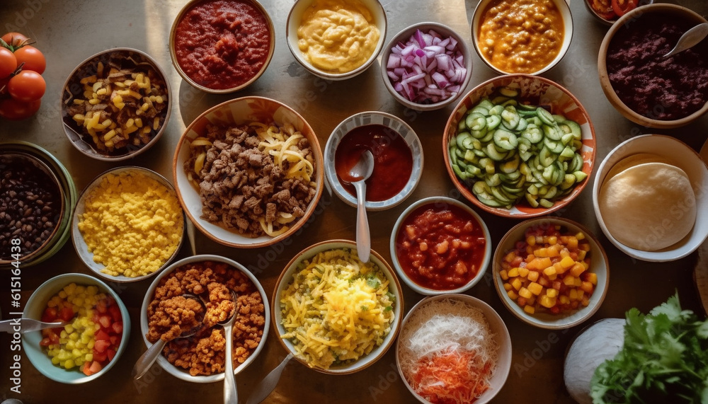 A healthy meal of vegetarian food with a variety of spices generated by AI A healthy meal of vegetarian food with a variety of spices generated by AI