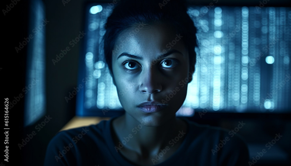One young adult woman, serious, staring at glowing computer screen generated by AI One young adult woman, serious, staring at glowing computer screen generated by AI