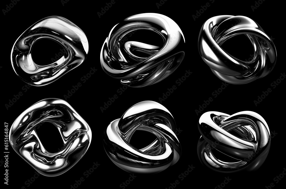 Melted chrome liquid metal shapes set isolated. Wavy molten gloss aluminium. Ai generated - obrazy, fototapety, plakaty 