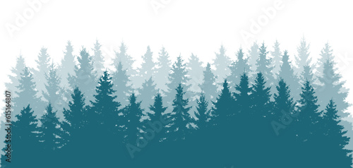 Forest background, beautiful landscape wallpaper. Silhouettes of fir trees. Vector illustration