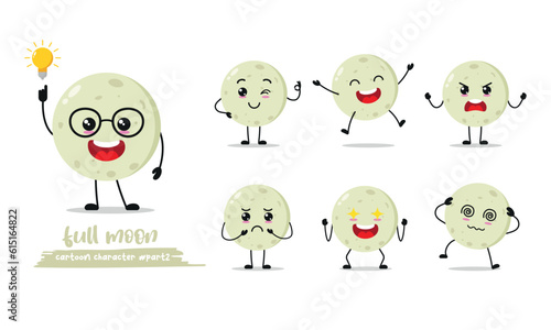 cute moon cartoon with many expressions. different activity pose vector illustration flat design set.