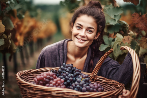 Happy smiling woman holding a wicker basket full of red grapes in vineyards in tuscany