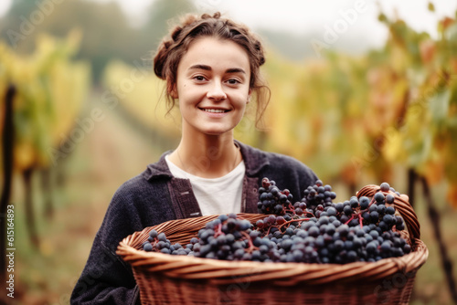 Happy smiling woman holding a wicker basket full of red grapes in vineyards in tuscany