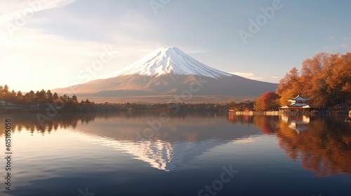 Nice view of mount fuji around the lake. generative AI © maretaarining