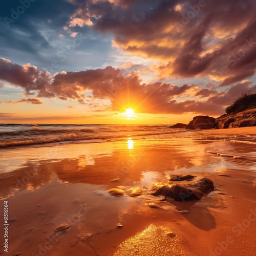 A breathtaking sunset over a serene beach, capturing tranquility and natural beauty, bathed in warm golden lighting, reminiscent of a dreamy landscape painting.