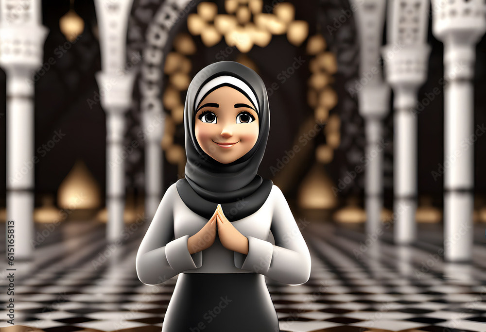 3d character muslim hijab girl pray at mosque 3d character muslim hijab girl pray at mosque