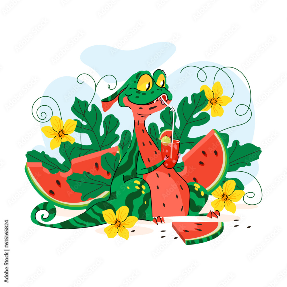Fototapeta premium Cute green dragon with watermelon fruit, flower and leaves isolated on white background. Symbol of year. Vector illustration magic reptile creature