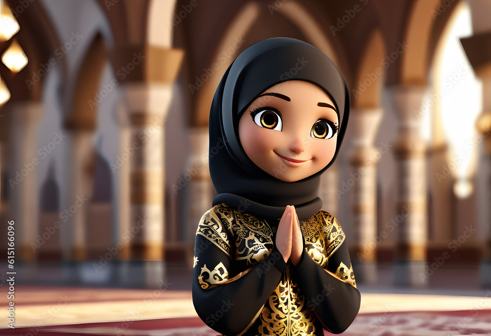 3d character muslim hijab girl pray at mosque 3d character muslim hijab girl pray at mosque