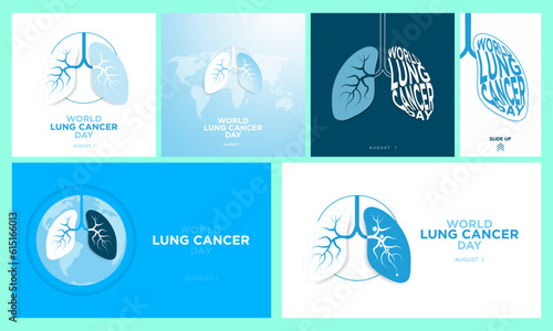 Vector Collection of World Lung Cancer Day Greeting Cards, banners, and story. Celebrated on August 1. Modern Illustration of lungs in blue and white. Lung Typography. For social media, print, design.