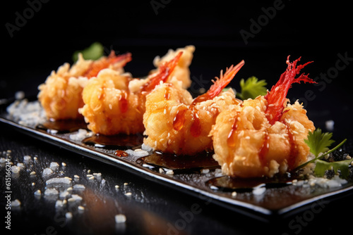 Traditional Japanese tempura dish. Large breaded shrimp fried in oil. Generated by AI.