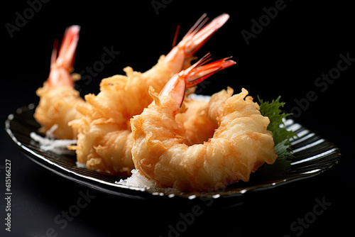 Traditional Japanese tempura dish. Large breaded shrimp fried in oil. Generated by AI.