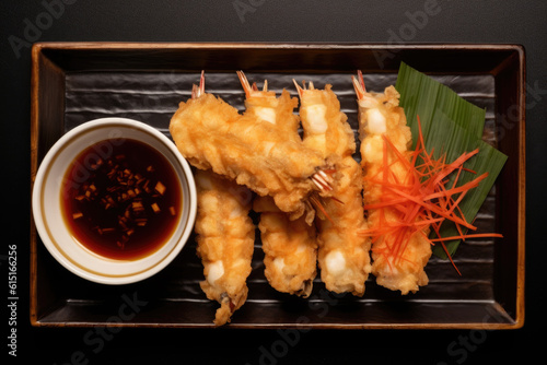 Traditional Japanese tempura dish. Large breaded shrimp fried in oil on a dark plate. Top view. Generated by AI.