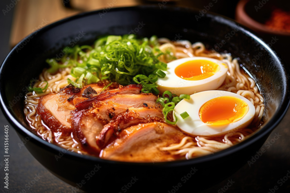 Traditional Japanese ramen bowl, close-up. Generated by AI. Traditional Japanese ramen bowl, close-up. Generated by AI.