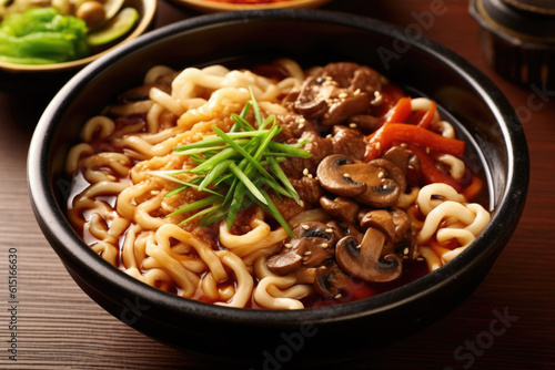 Traditional Japanese udon noodles with mushrooms, close-up. Generated by AI.