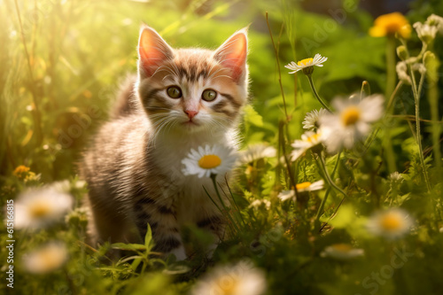 A cute red kitten sits among the green grass in a blooming garden. © Svetlana Rey