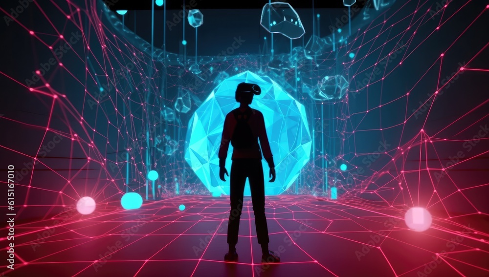 Obraz premium Man in virtual reality world simulator surrounded with network connections