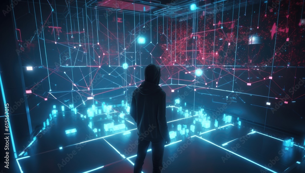 Man in virtual reality world simulator surrounded with network connections Man in virtual reality world simulator surrounded with network connections