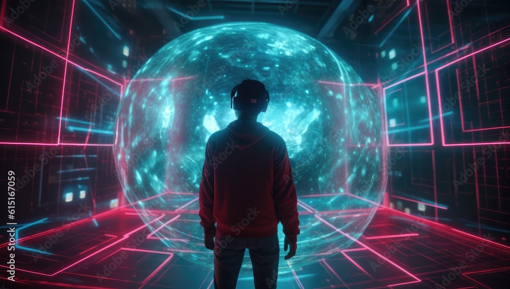 Obraz premium Man in virtual reality world simulator surrounded with network connections