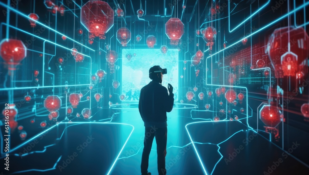 Man in virtual reality world simulator surrounded with network connections Man in virtual reality world simulator surrounded with network connections