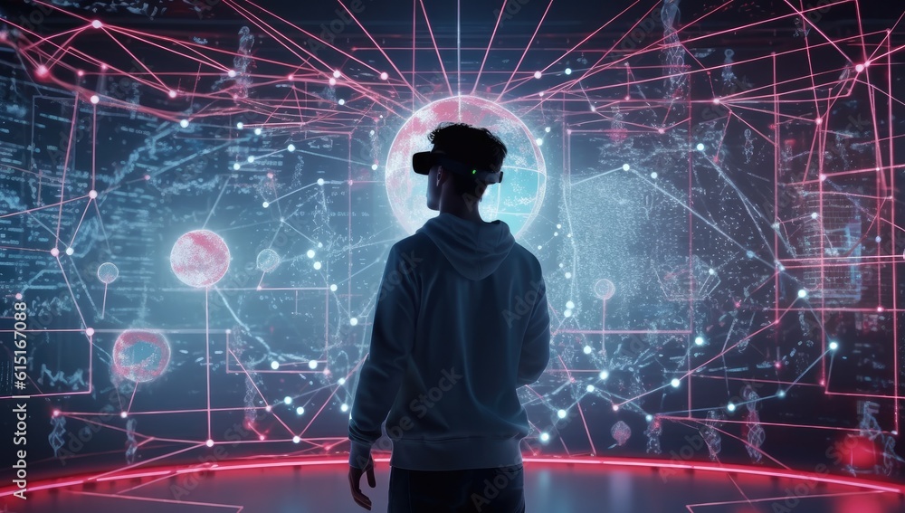 Man in virtual reality world simulator surrounded with network connections Man in virtual reality world simulator surrounded with network connections