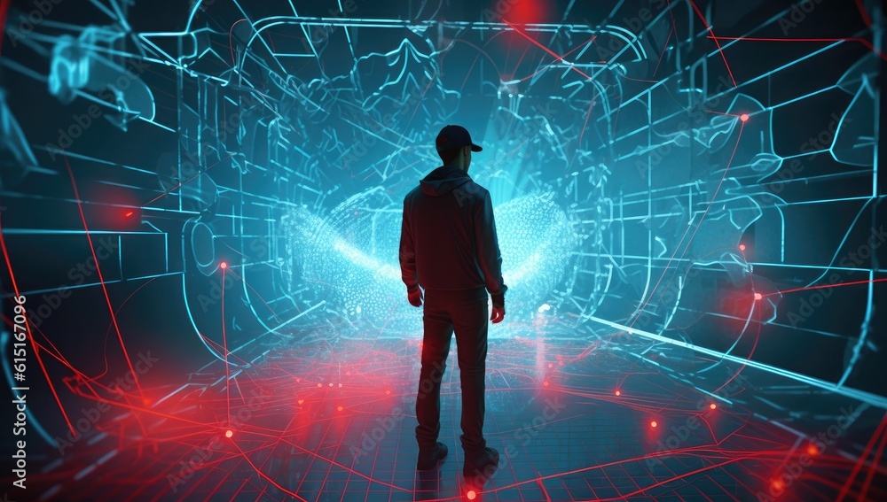 Obraz premium Man in virtual reality world simulator surrounded with network connections