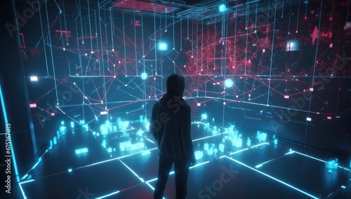 Man in virtual reality world simulator surrounded with network connections