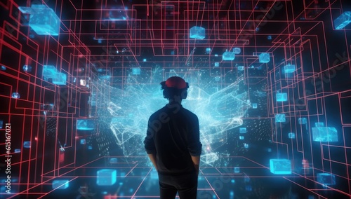 Man in virtual reality world simulator surrounded with network connections