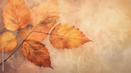 Autumn floral watercolor background in pastel orange colors with illustration of leaves. Generative AI