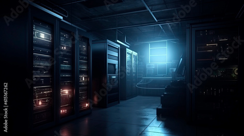 Dark server room with glowing computer equipment. Made with Generative AI