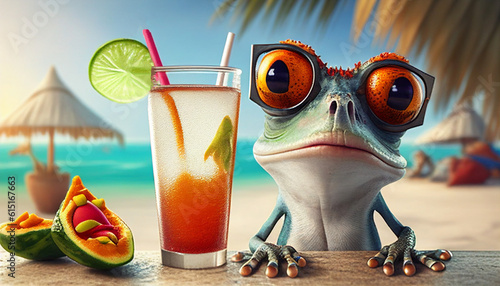 Burnout vorbeugen mit Stressabbau und Stressbewältigung im Alltag und Urlaub, Achtsamkeit, Karikatur Comic mit Frosch der Alkohol und Cocktails trinkt am Strand Generative AI 