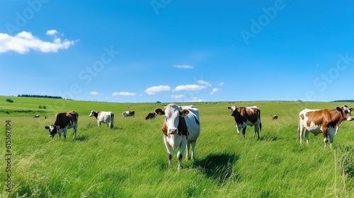 Cow on green field. generative AI photo