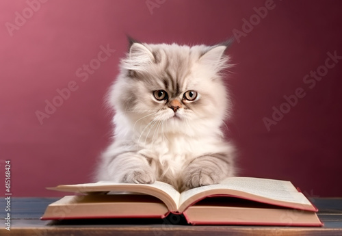 Fluffy cat reads a book on the table.