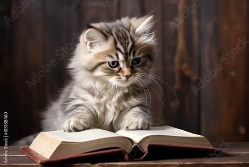 Fluffy cat reads a book on the table.