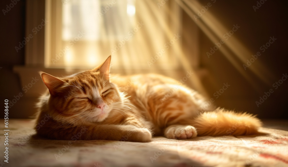 Fluffy red cat sleeps near the window.