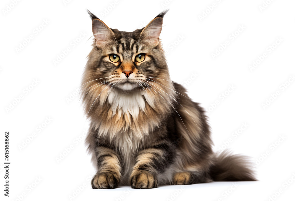 Fototapeta premium Gray or tricolor Maine Coon cat isolated on white background.