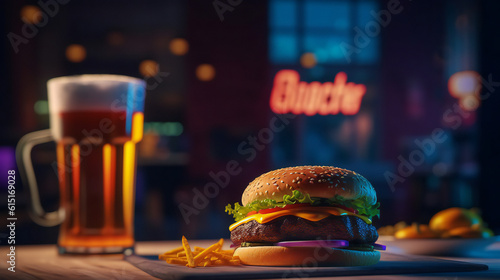 A burger and a glass of beer are on a table generative ai