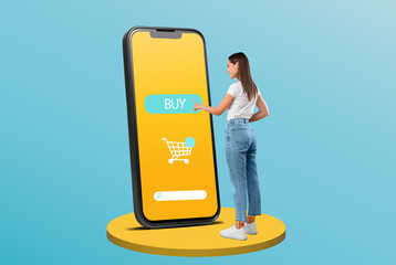 Young lady touching huge display panel and buying clothes online in store, standing on blue studio background, collage