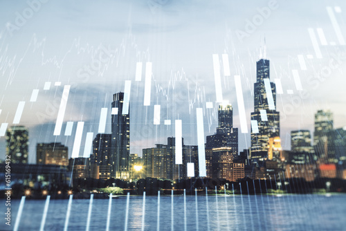 Multi exposure of abstract virtual financial graph hologram on Chicago skyline background, forex and investment concept © Pixels Hunter
