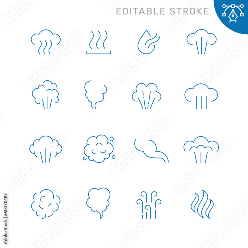 Vector line set of icons related with steam. Contains monochrome icons like steam, smell, smoke, cloud, fume and more. Simple outline sign. Editable stroke.
