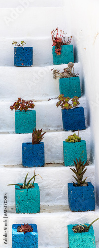 Obraz na płótnie Flower pots on a staircase in Greece w salonie