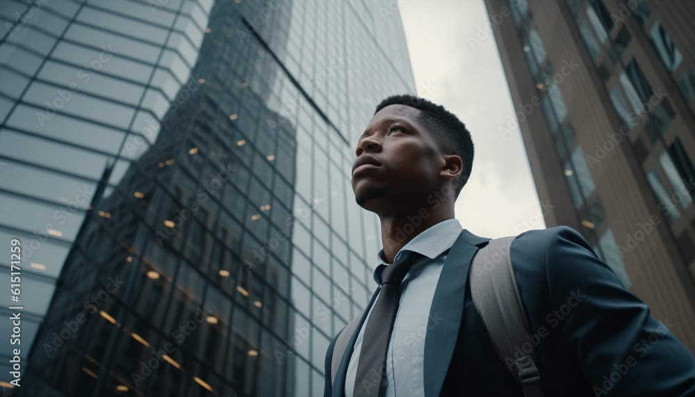 Confident businessman walking in financial district, smiling at window view generated by AI Confident businessman walking in financial district, smiling at window view generated by AI