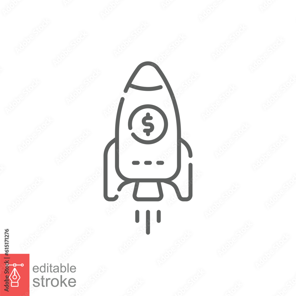 Business start-up rocket icon. Simple outline style. Money rocket space launch, dollar sign, growth concept. Thin line symbol. Vector illustration isolated on white background. Editable stroke EPS 10. Business start-up rocket icon. Simple outline style. Money rocket space launch, dollar sign, growth concept. Thin line symbol. Vector illustration isolated on white background. Editable stroke EPS 10.
