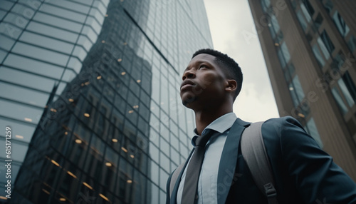 Confident businessman walking in financial district, smiling at window view generated by AI