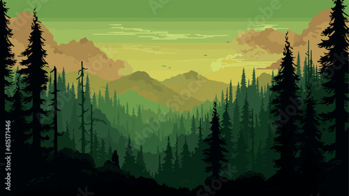 forest with mountains and trees, landscape vector illustration