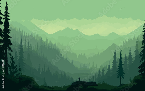 forest with mountains and trees, landscape vector illustration