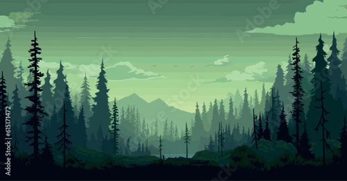 Leinwand Poster forest with mountains and trees, landscape vector illustration